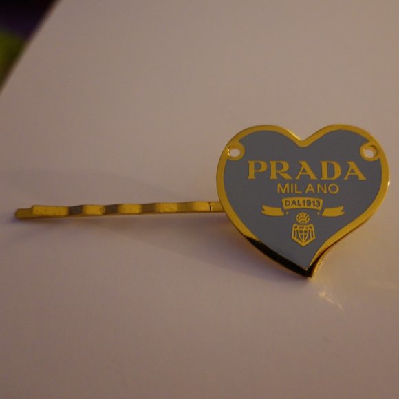 Authentic Prada Vintage Light Blue & Gold Heart Button on New Hair Clip - Picture 1 of 11